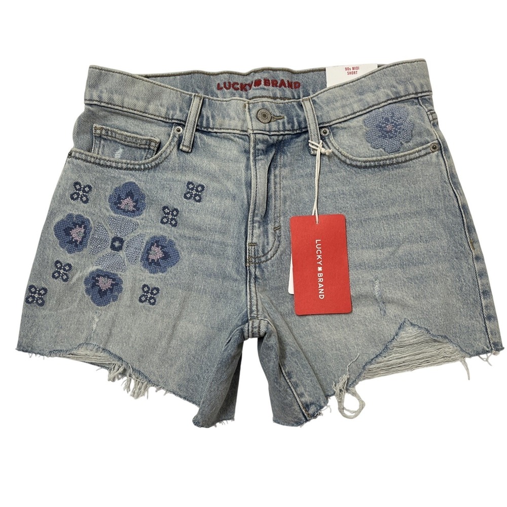 Lucky Brand 90s Midi Denim Short Floral Embroidered Cut Off Size 27 Y2K Festival